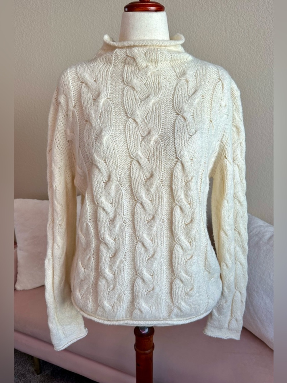Vintage High Sierra Fisherman Sweater Cable Knit Cream Wool Blend Roll Neck Sz L